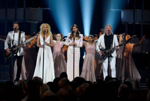 Mandatory Credit: Photo by Chris Pizzello Jimi Westbrook, Kimberly Schlapman, Karen Fairchild, Philip Sweet. Jimi Westbrook, from left, Kimberly Schlapman, Karen Fairchild and Philip Sweet, of Little Big Town, perform "The Daughters" at the 54th annual Academy of Country Music Awards at the MGM Grand Garden Arena, in Las Vegas 54th Annual Academy of Country Music Awards - Show, Las Vegas, USA - 07 Apr 2019